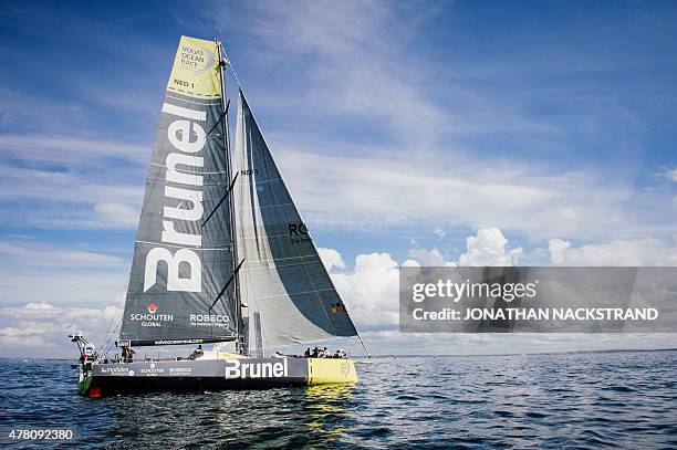 Team Brunel skippered by Bouwe Bekking of the Netherlands arrives in Gothenburg at the end of Leg 9 of the Volvo Ocean Race from Lorient to...