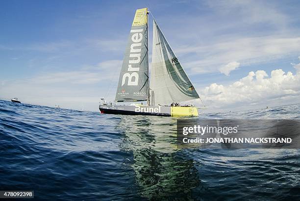 Team Brunel skippered by Bouwe Bekking of the Netherlands arrives in Gothenburg at the end of Leg 9 of the Volvo Ocean Race from Lorient to...