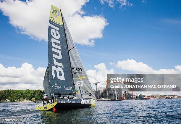 Team Brunel skippered by Bouwe Bekking of the Netherlands arrives in Gothenburg at the end of Leg 9 of the Volvo Ocean Race from Lorient to...