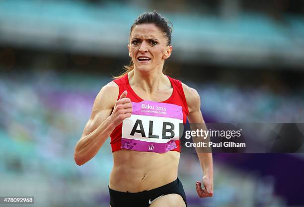 Luiza Gega of Albania races to the line to win the Women's 1500 metres during day ten of the Baku 2015 European Games at the Olympic Stadium on June...
