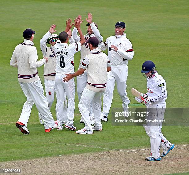 Alfonso Thomas of Somerset celebrates with team mates after taking the wicket of Sean Terry of Hampshire during the the LV County Championship match...