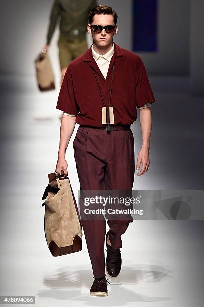 Model walks the runway at the Canali Spring Summer 2016 fashion show during Milan Menswear Fashion Week on June 22, 2015 in Milan, Italy.