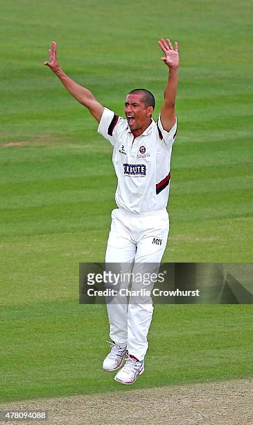 Alfonso Thomas of Somerset gives a big appeal during the the LV County Championship match between Hampshire and Somerset at The Ageas Rose Bowl on...