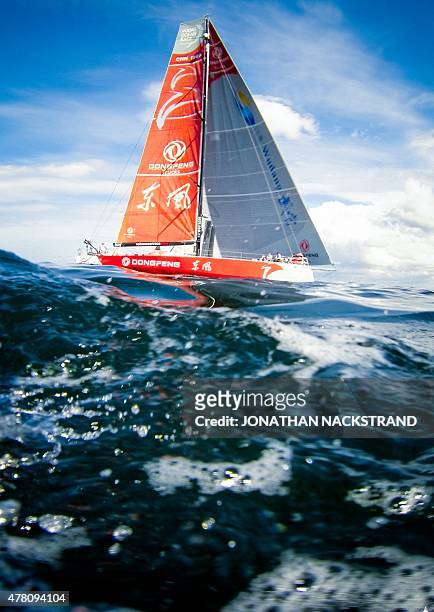 Dongfeng Race Team skippered by Charles Caudrelier of France arrives in Gothenburg at the end of Leg 9 of the Volvo Ocean Race from Lorient to...
