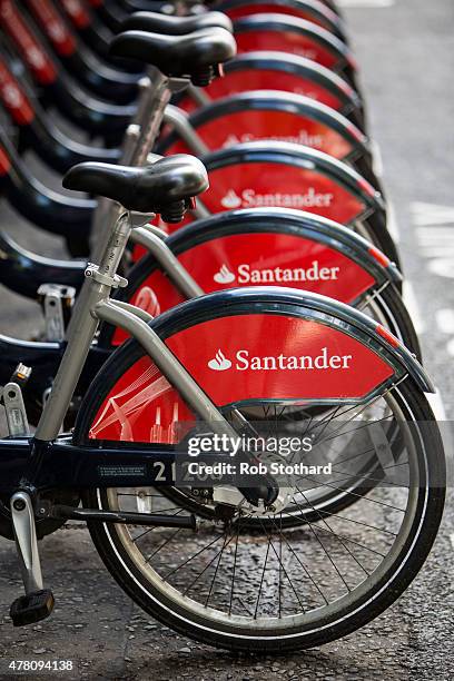 Santander Cycles are parked in their docking station in central London on June 22, 2015 in London, England. Spanish bank Santander have taken over...