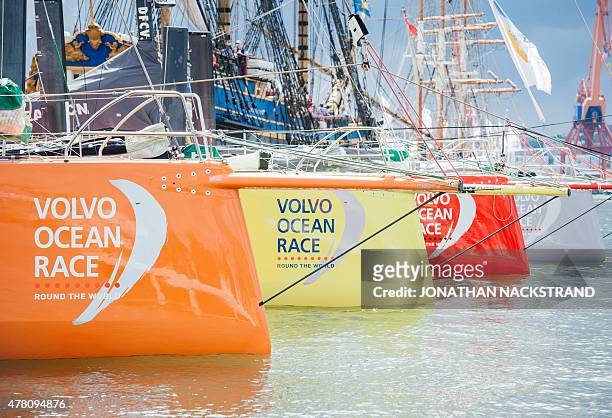 Yachts are seen in Gothenburg at the end of Leg 9 of the Volvo Ocean Race from Lorient to Gothenburg in west Sweden on June 22, 2015. The Volvo Ocean...