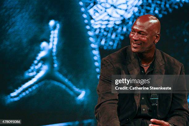Michael Jordan attends a press conference for the celebration of the 30th anniversary of the Air Jordan Shoe during the 'Palais 23' interactive...