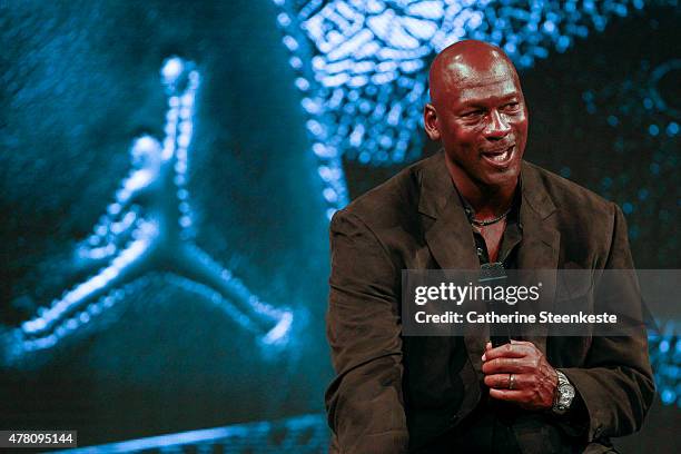 Michael Jordan attends a press conference for the celebration of the 30th anniversary of the Air Jordan Shoe during the 'Palais 23' interactive...