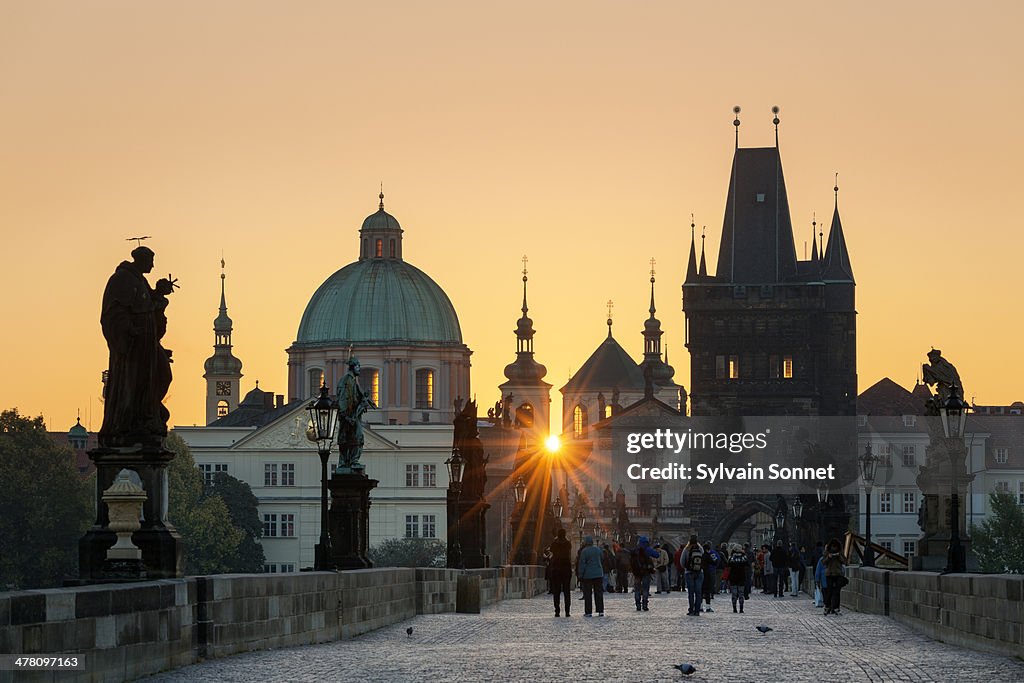 Prague, Charles Bridge and spires of The Old Town