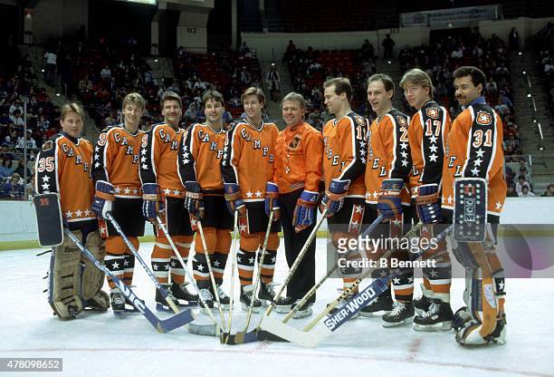 Goalie Andy Moog, Wayne Gretzky, Glenn Anderson, Paul Coffey, Kevin Lowe, head coach Glen Sather, Mark Messier, Lee Fogolin, Jari Kurri and goalie...