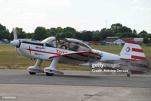 Pilot Dorine Bourneton returns to the airfield after taking part in the first worldwide aerobatic show performed by a paraplegic woman, at the Paris...