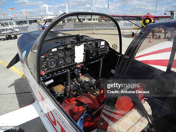 View of the modified commands of the cockpict of the CAP 10 aerobatic aircraft used by Dorine Bourneton ahead of her taking part in the first...