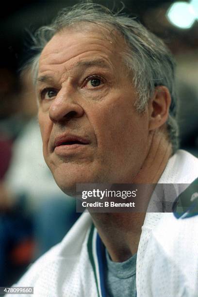 Gordie Howe of the Hartford Whalers looks on from the peanlty box during his last game against the Montreal Canadiens in Game 3 of the Preliminary...