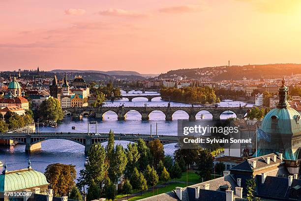 prague, over view of city and river. - río vltava fotografías e imágenes de stock