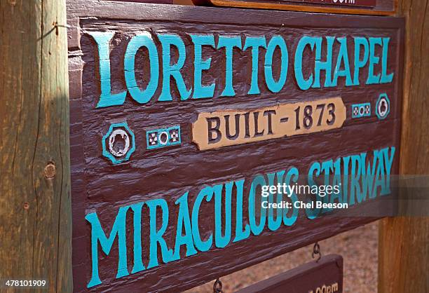 loretto chapel santa fe nm sign - loretto chapel stock pictures, royalty-free photos & images