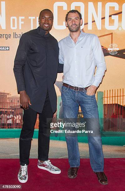Basket player Serge Ibaka and basket player Jorge Garbajosa attend 'Son of the Congo. El hechizo de Serge Ibaka' documentary presentation at Callao...
