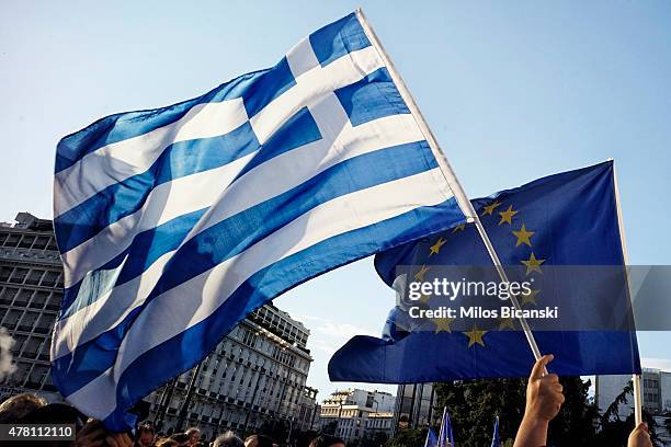 Pro-Euro protesters take part in a rally in front of the Parliament on June 22. 2015 in Athens, Greece. Thousends of people attended the rally in...