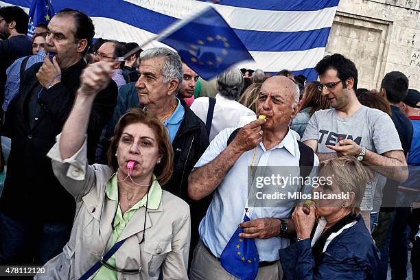 Pro-Euro protesters take part in a rally in front of the Parliament on June 22. 2015 in Athens, Greece. Thousends of people attended the rally in...