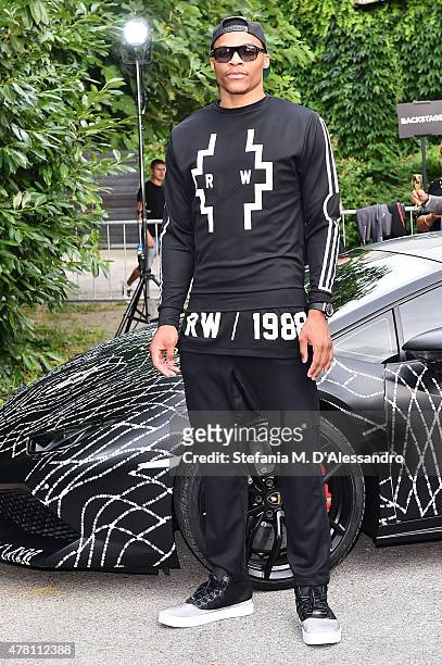 Russell Westbrook attends the Marcelo Burlon County of Milan show during the Milan Men's Fashion Week Spring/Summer 2016 on June 22, 2015 in Milan,...