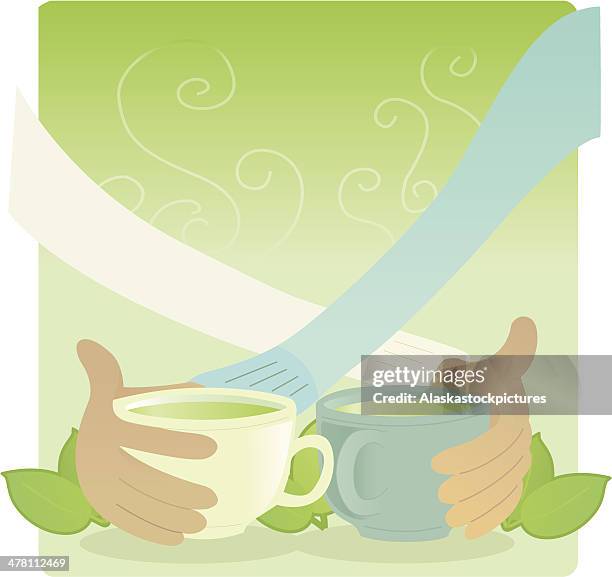 green tea partnership - drinking green tea stock illustrations