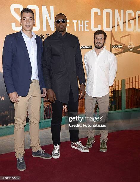 Willy Hernan Gomez, Serge Ibaka and Tomas Bellas attend the 'Son of the Congo. El hechizo de Serge Ibaka' documentary presentation at Callao City...