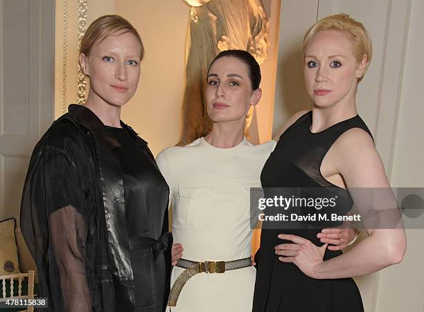 Jade Parfitt, Erin O'Connor and Gwendoline Christie attend The Ralph Lauren & Vogue Wimbledon Summer Cocktail Party hosted by Alexandra Shulman and...