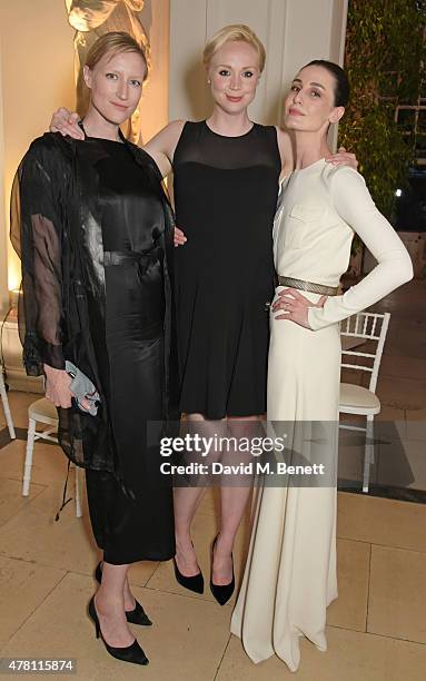 Jade Parfitt, Gwendoline Christie and Erin O'Connor attend The Ralph Lauren & Vogue Wimbledon Summer Cocktail Party hosted by Alexandra Shulman and...