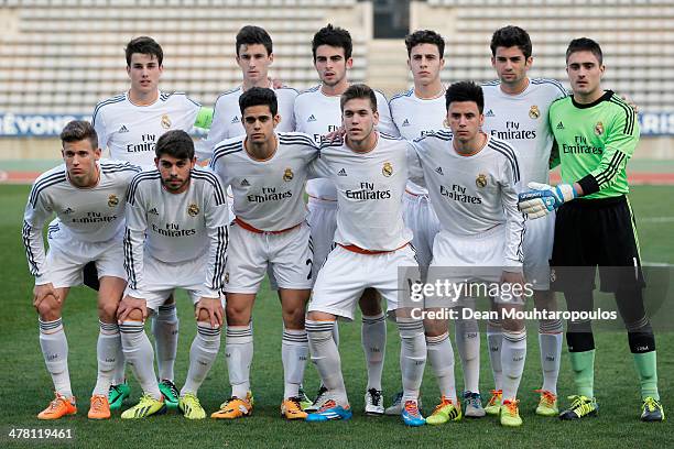 The Real Madrid team line up prior to the UEFA Youth League Quarter Final match between Paris Saint-Germain FC and Real Madrid at Stade Charlety on...