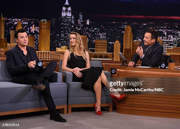 Seth MacFarlane , Amber Heard and host Jimmy Fallon during a segment on "The Tonight Show Starring Jimmy Fallon" at Rockefeller Center on June 22,...