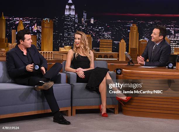 Seth MacFarlane , Amber Heard and host Jimmy Fallon during a segment on "The Tonight Show Starring Jimmy Fallon" at Rockefeller Center on June 22,...