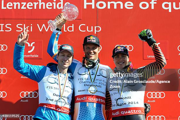 Aksel Lund Svindal of Norway wins the overall downhill World Cup globe, Erik Guay of Canada takes 2nd place, Hannes Reichelt of Austria takes 3rd...