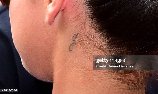 Selena Gomez, tattoo detail, seen on the streets of Times Square on June 22, 2015 in New York City.