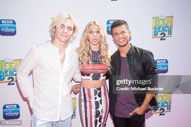 Actor Ross Lynch, Mollee Gray and Jordan Fisher attends the premiere of Disney Channel's "Teen Beach 2" at Walt Disney Studios on June 22, 2015 in...