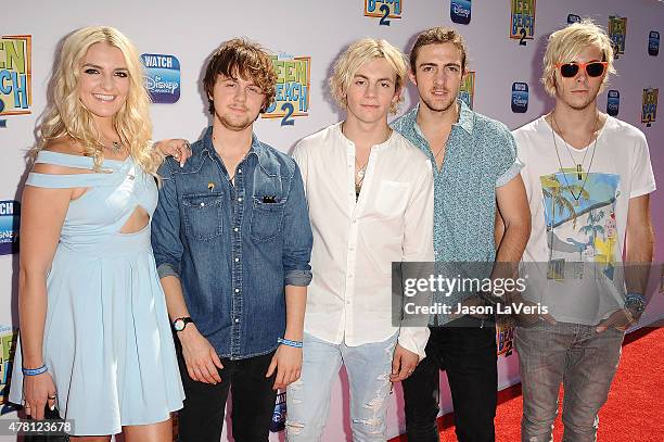 Rydel Lynch, Ellington Ratliff, Ross Lynch, Rocky Lynch and Riker Lynch of the band R5 attend the premiere of "Teen Beach 2" at Walt Disney Studios...