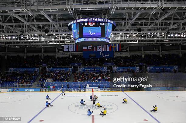 General view of play at the start of the Ice Sledge Hockey Classification match between Italy and Sweden at the Shayba Arena during day five of the...