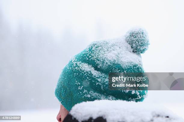 General view of a snow covered beanie is seen during day five of Sochi 2014 Paralympic Winter Games at Laura Cross-country Ski & Biathlon Center on...