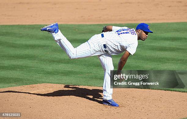 Jose Veras of the Chicago Cubs pitches against the Arizona Diamondbacks during a spring training game at Cubs Park on February 27, 2014 in Mesa,...