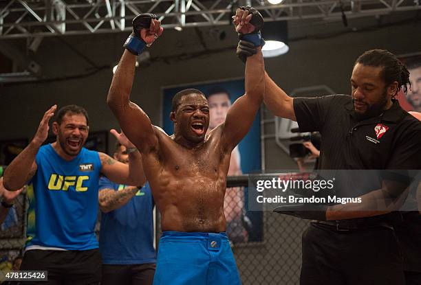 Fernando Acougueiro celebrates his victory over Nazareno Malagarie during the semi-finals for filming of The Ultimate Fighter Brazil: Team Nogueira...