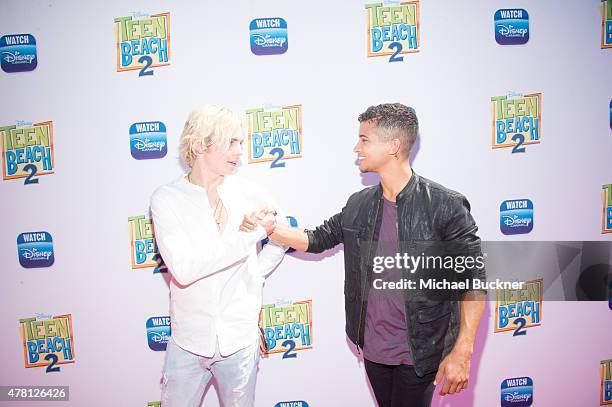 Actor Ross Lynch and actor Jordan Fisher attends the premiere of Disney Channel's "Teen Beach 2" at Walt Disney Studios on June 22, 2015 in Burbank,...