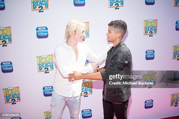 Actor Ross Lynch and actor Jordan Fisher attends the premiere of Disney Channel's "Teen Beach 2" at Walt Disney Studios on June 22, 2015 in Burbank,...