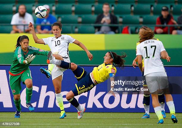 Carli Lloyd of the United States goes for the ball between goalkeeper Stefany Castano and Natalia Gaitan of Colombia in the second half in the FIFA...