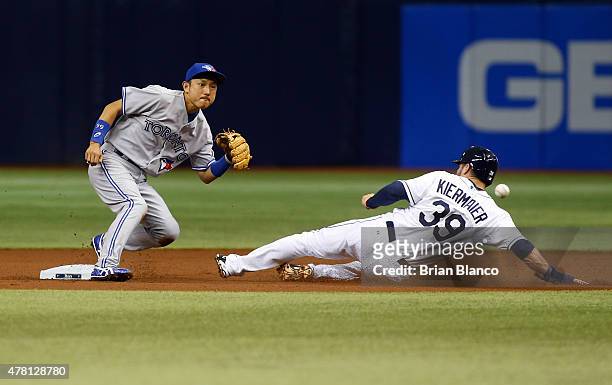 Kevin Kiermaier of the Tampa Bay Rays steals second base in front of second baseman Munenori Kawasaki of the Toronto Blue Jays during the first...