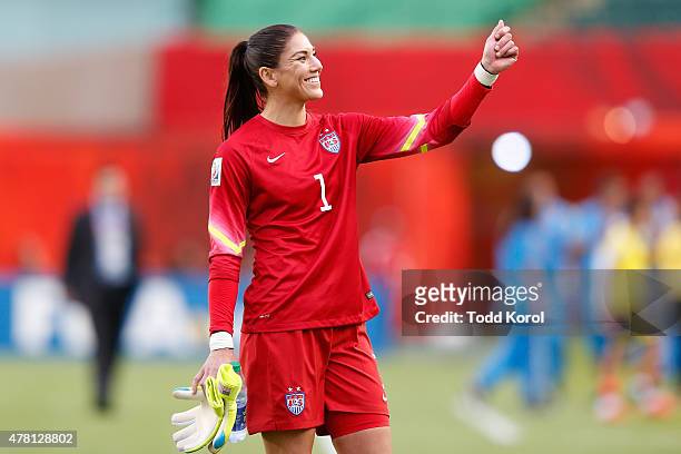 Goalkeeper Hope Solo of the United States celebrates after the USA 2-0 win against Colombia in the FIFA Women's World Cup 2015 Round of 16 match at...