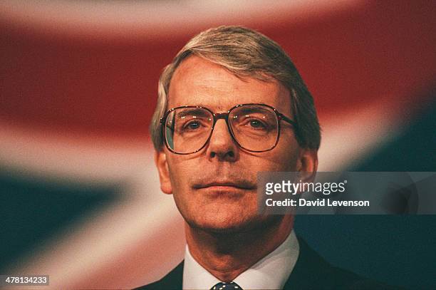 John Major, British Prime Minister, addresses the annual Conservative Party Conference on October 9, 1992 in Brighton, England.