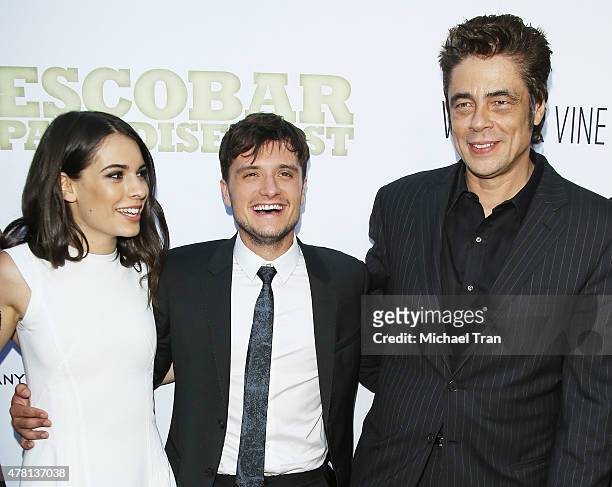 Claudia Traisac, Josh Hutcherson and Benicio Del Toro arrive at the Los Angeles premiere of "Escobar: Paradise Lost" held at ArcLight Hollywood on...
