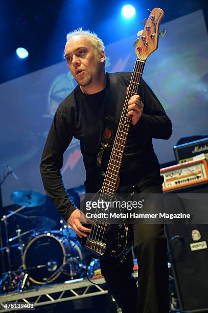 Bassist Steve Edmondson of English doom metal group Paradise Lost performing live on stage at the 2013 Golden Gods Awards in the O2 Arena, London, on...