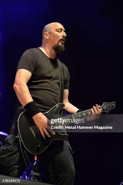 Guitarist Aaron Aedy of English doom metal group Paradise Lost performing live on stage at the 2013 Golden Gods Awards in the O2 Arena, London, on...