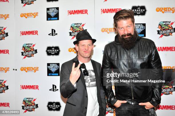 Corey Taylor and Jim Root of American hard rock group Stone Sour on the red carpet at the 2013 Golden Gods Awards in the O2 Arena, London, on June...