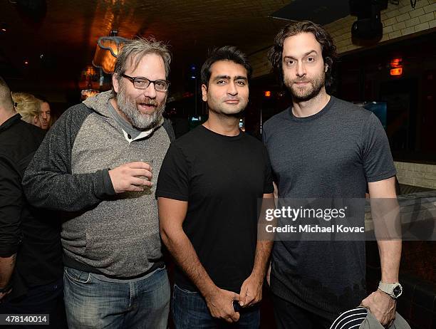 Writer Dan Harmon, actor Kumail Nanjiani and comedian Chris D'Elia attend the Batman: Arkham Knight VIP Launch at The Line Hotel on June 22, 2015 in...