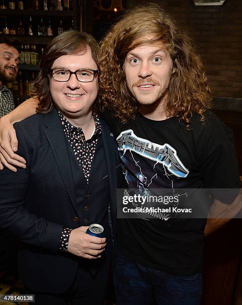 Actors Clark Duke and Blake Anderson attend the Batman: Arkham Knight VIP Launch at The Line Hotel on June 22, 2015 in Los Angeles, California.